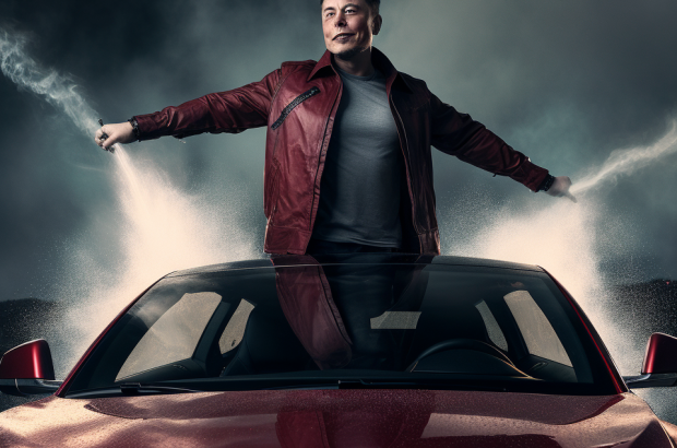 Elon Musk with lightning bolt atop Tesla