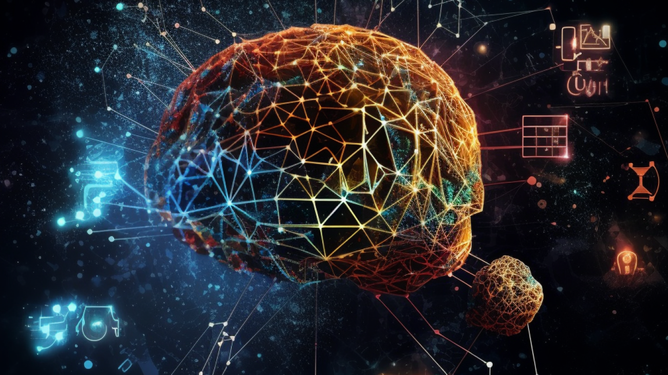 Digital brain merging with marketing symbols, symbolizing AI in marketing