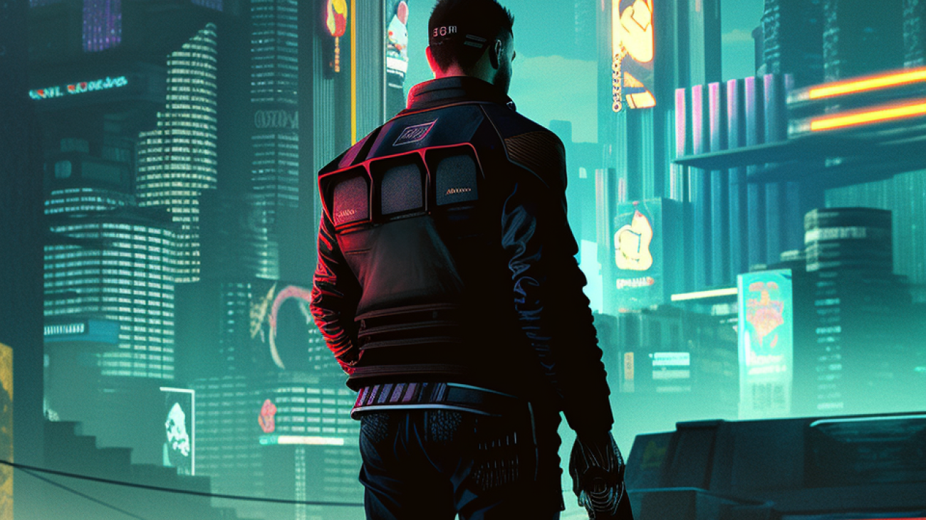 Character silhouette overlooking neon-lit Night City