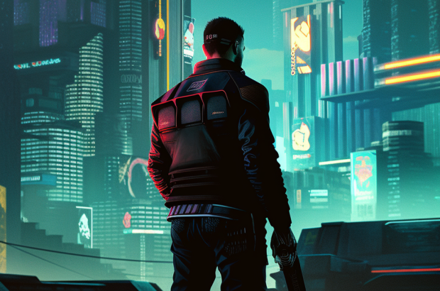 Character silhouette overlooking neon-lit Night City