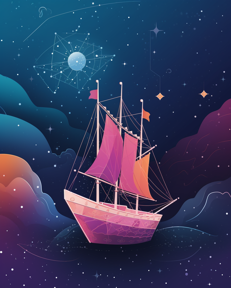 Ship navigating star-studded cosmos, symbolizing influencer marketing journey