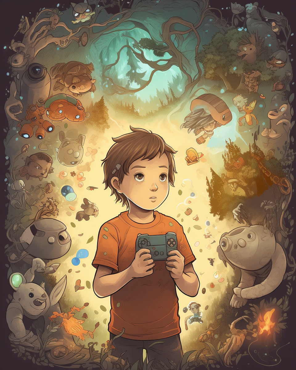 Child with controller, game characters emerging from screen