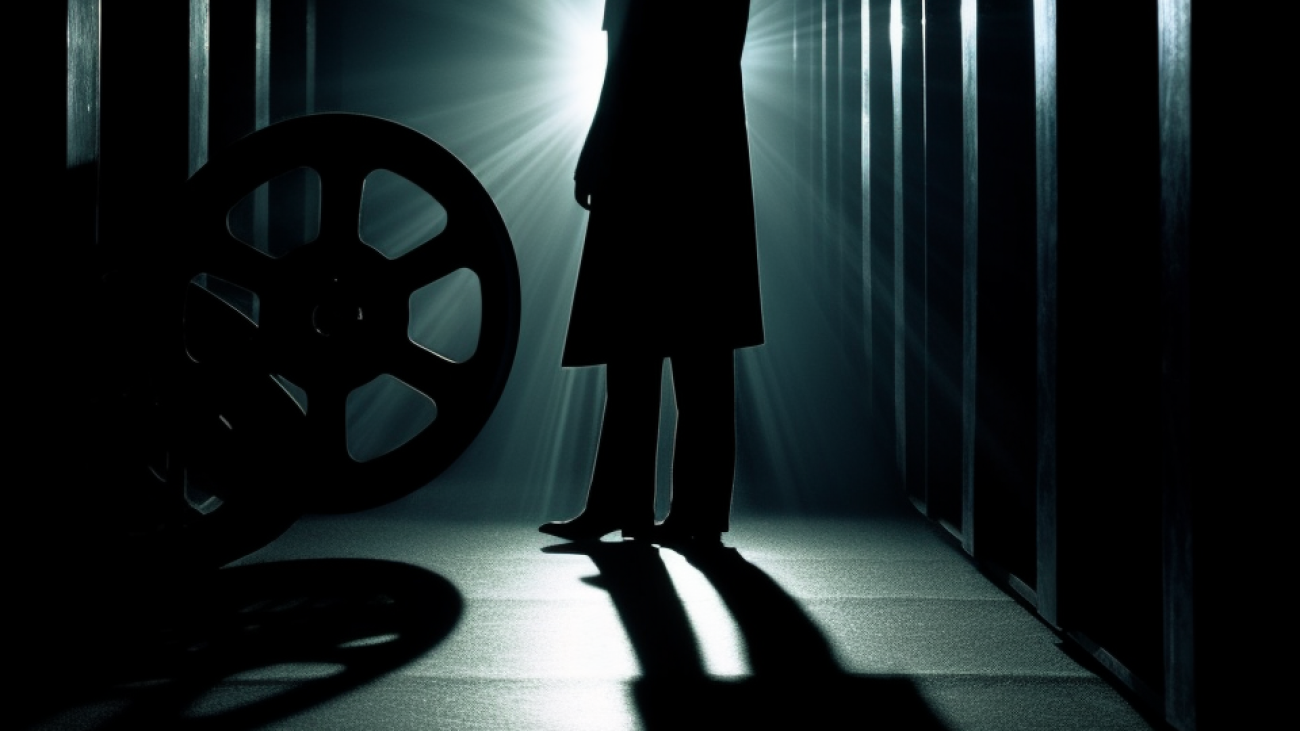 Movie reel unfolding into a figure stepping into spotlight