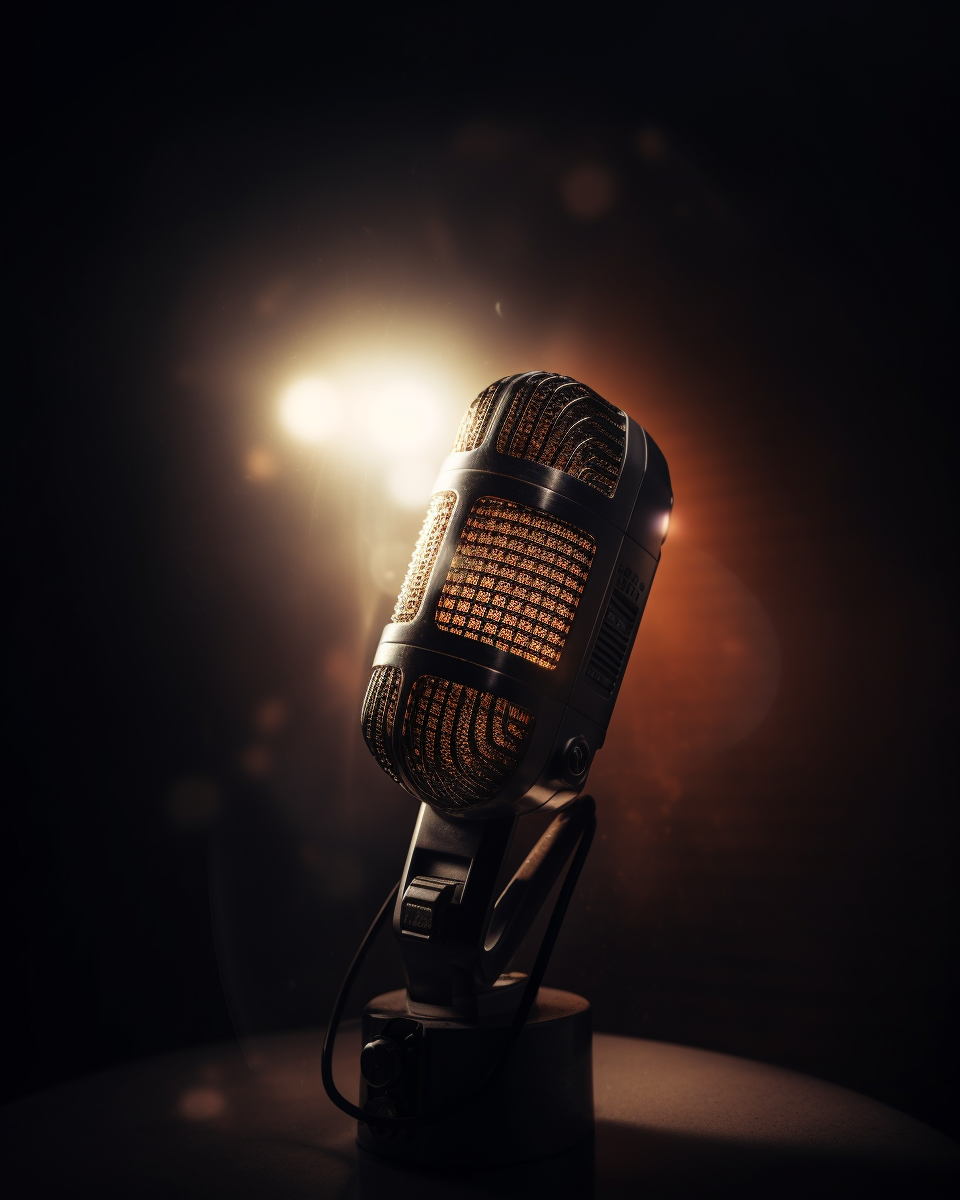 Microphone in spotlight, symbolizing power of podcasting